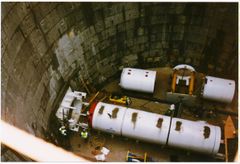 Alexandra Park. ‘Little Ceel’ 2m TBM in readiness to bore its way to Brookland Close. (If you were wondering to how this 2m TBM arrived here……….well it came on the back of a few lorries in many pieces delivered straight into Alexandra Park, whereby it was lowered piece by piece down the shaft and put together, the brown marks on top are where the lifting eyes were cut off and ground flat.